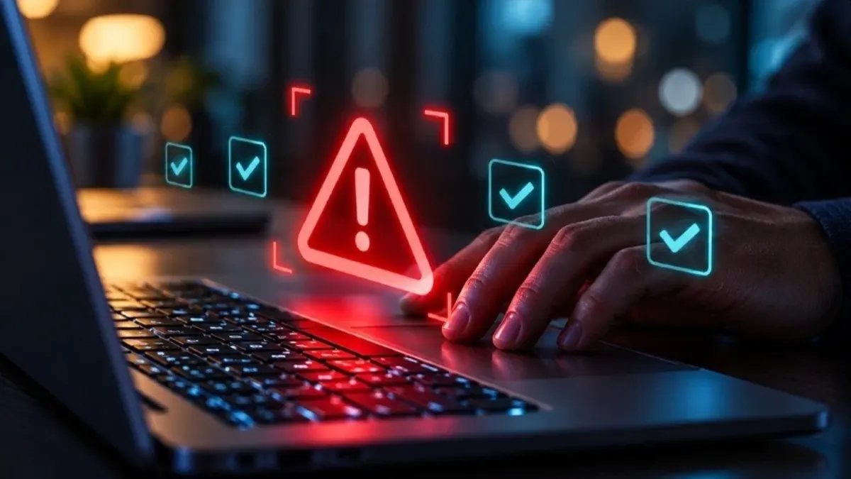 A laptop with a red security warning and check marks hovering above the keyboard