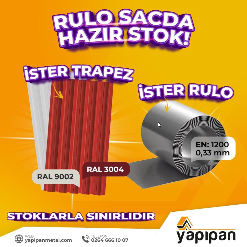 Yapıpan-Beitrag mit dem Schriftzug „Coils ab Lager“: rote Trapezbleche und Blechcoil