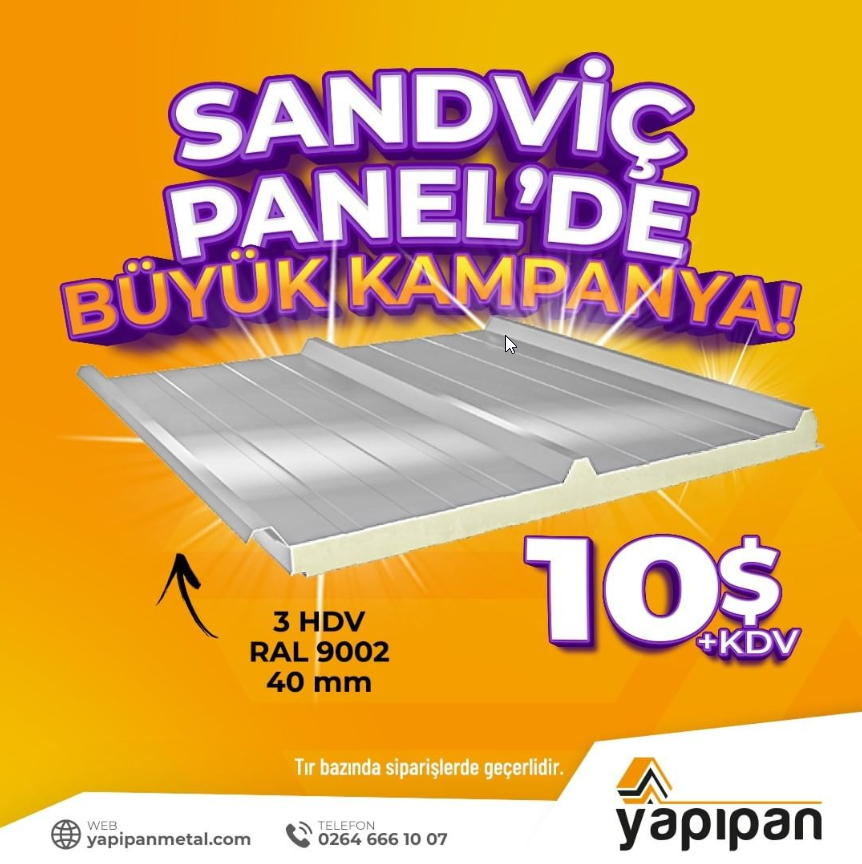 Yapıpan-Beitrag auf orangefarbenem Grund mit dem Schriftzug „Große Aktion bei Sandwichpaneelen“; 40-mm-Paneel, 10 $ + MwSt.