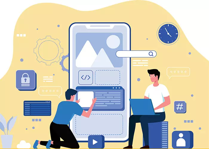 Zeichnung zweier Designer, die Elemente einer mobilen Oberfläche auf einem großen Smartphone-Bildschirm anordnen