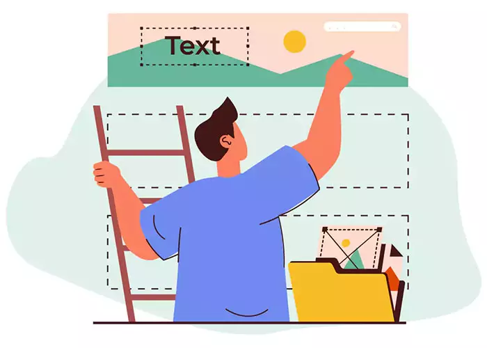 Illustration einer Person auf einer Leiter, die Text- und Bildfelder im Entwurf einer Webseite anordnet