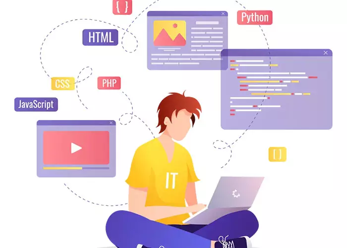 Entwickler, der im Schneidersitz am Laptop arbeitet; um ihn herum die Schlagworte HTML, CSS, JavaScript und PHP