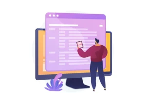 Illustration: Person mit einem Dokument in der Hand prüft Inhalte vor einer großen Webseite auf einem Monitor