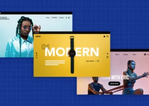 Drei übereinander angeordnete Screenshots moderner Websites auf blauem Hintergrund