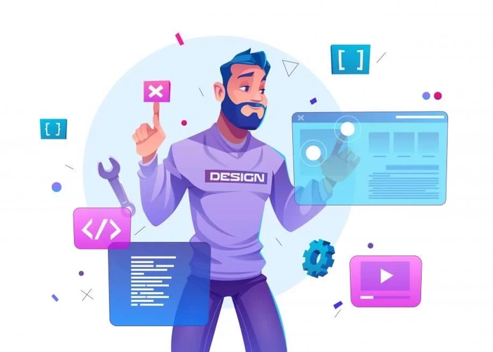 Zeichnung eines bärtigen Designers im Pullover mit der Aufschrift „Design“, umgeben von Code-, Video- und Interface-Fenstern