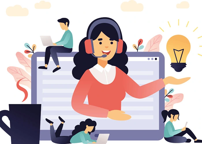 Illustration: Kundenberater mit Headset, der aus einem Bildschirm herausreicht, umgeben von Personen an Laptops