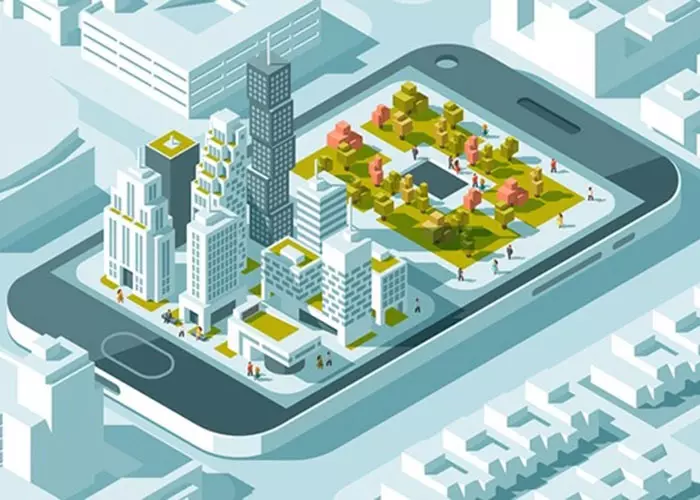 Isometrische Stadtillustration mit Wolkenkratzern und einem Park, die aus einem Smartphone-Display emporwachsen