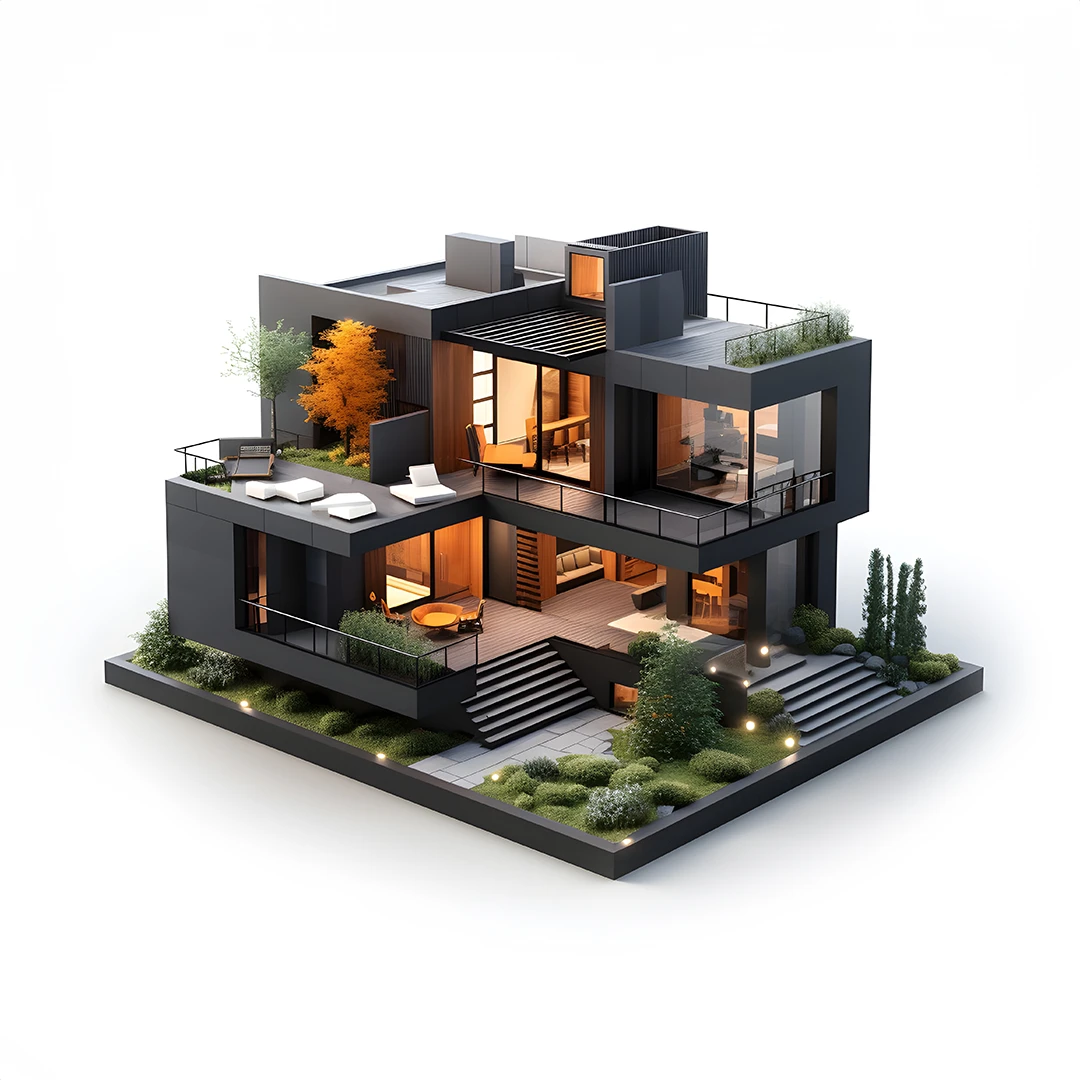 In 3D modellierte Villa: für den virtuellen Rundgang aufbereitete Szene