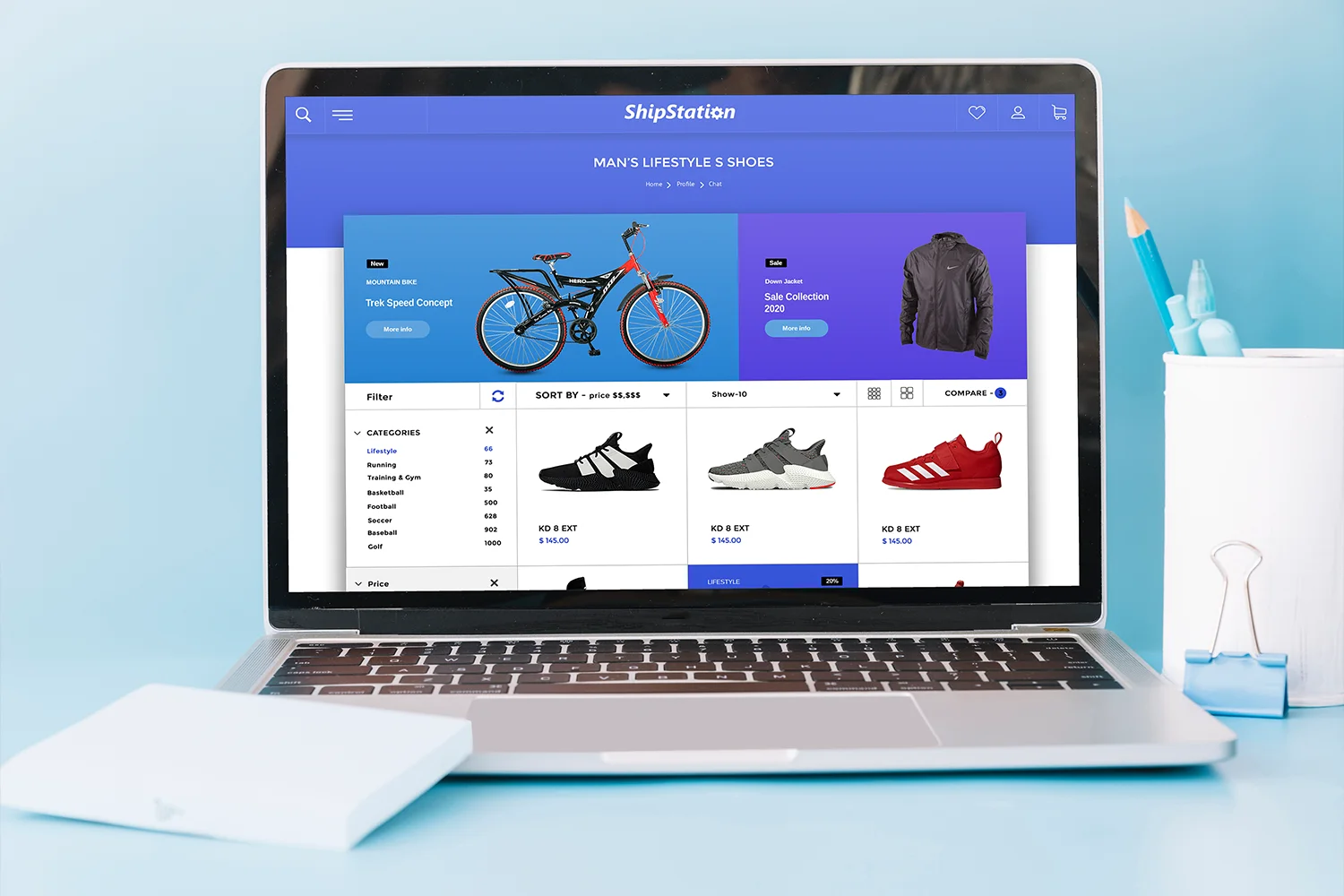 Oberfläche eines Onlineshops mit Fahrrädern und Sneakern auf einem Laptopbildschirm