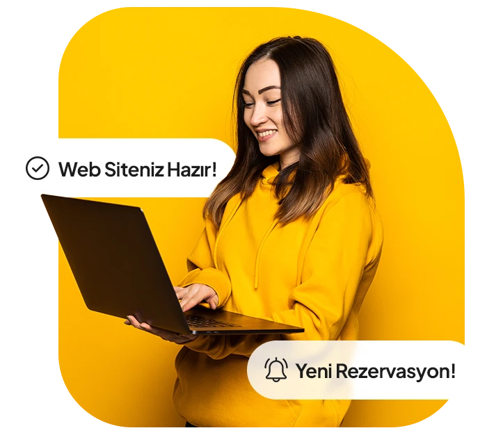 Frau im gelben Kapuzenpullover am Laptop; Benachrichtigungen „Ihre Website ist fertig!“ und „Neue Buchung!“
