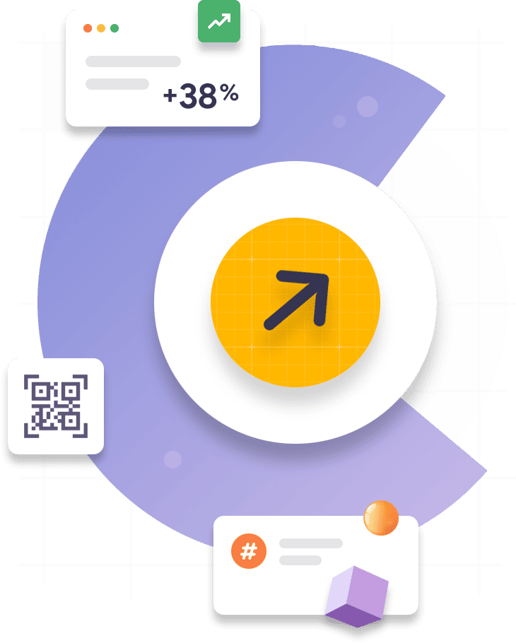 Gelbes Pfeilsymbol in einem violetten Ring; daneben eine Karte mit +38 % Zuwachs und ein QR-Code